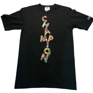 CHAMPION Men’s Happy Color Abstract Black T-Shirt Big Spell Out Cheerful Graphic